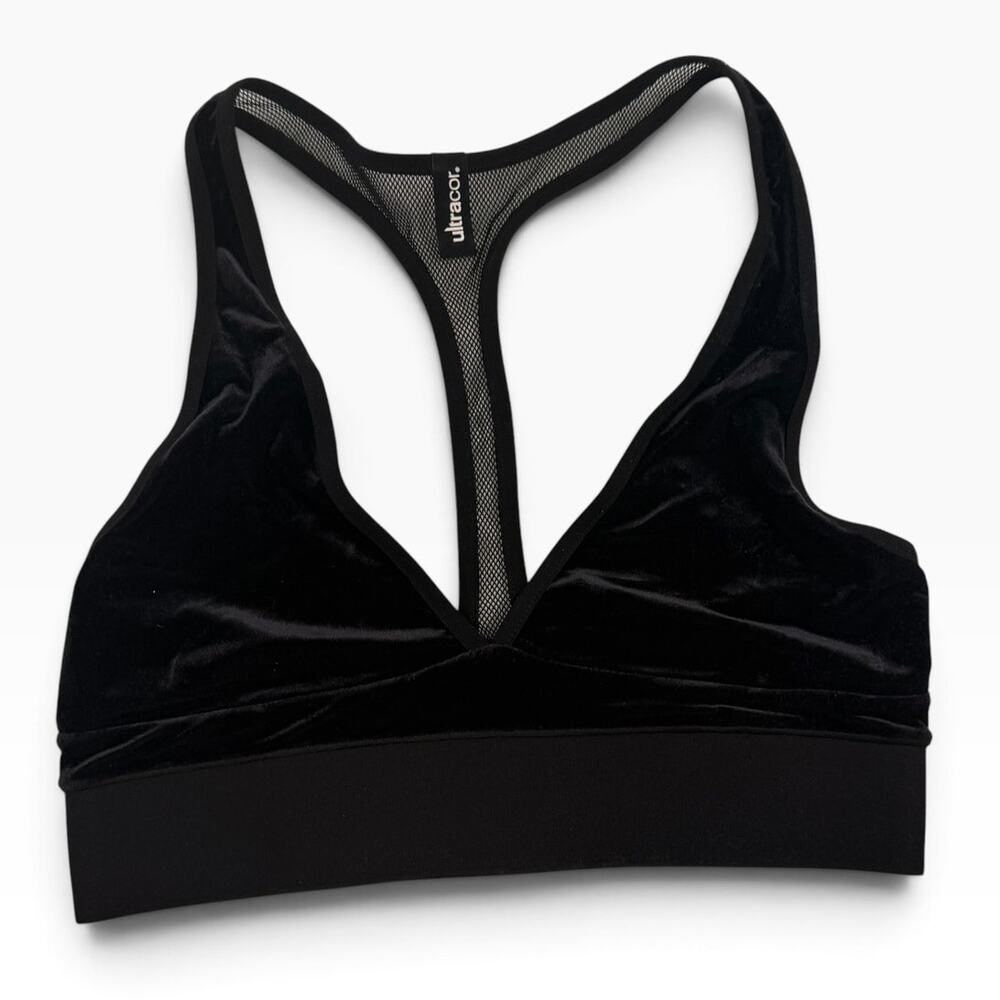 Ultracor Womens Size S Black Velvet Sports Bra Mesh Racerback Cutout NWOT